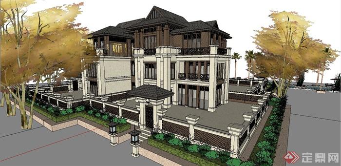 某东南亚风格独栋豪华别墅建筑设计SU模型(3)