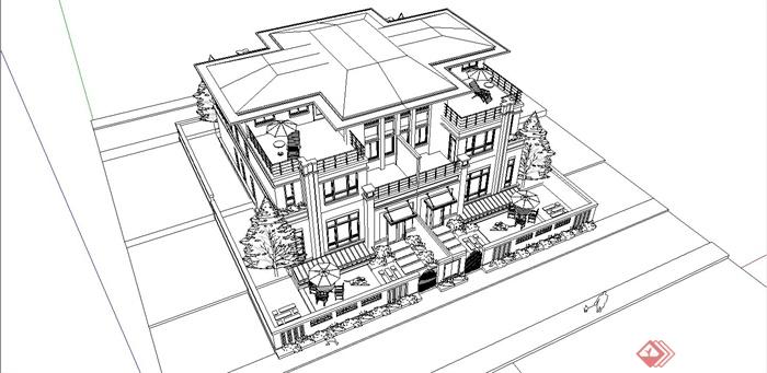 某欧式草原风格双拼别墅建筑设计SU模型(2)