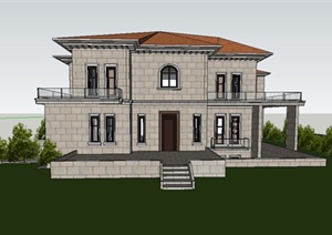 某精细别致现代中式风格独栋别墅建筑设计SU(草图大师)模型