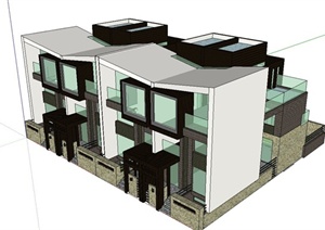 某现代风格四栋联排别墅建筑设计SU(草图大师)模型