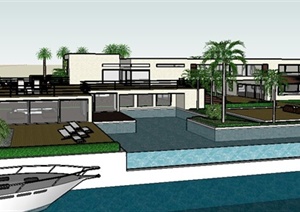 现代二层近水别墅住宅建筑SU(草图大师)模型