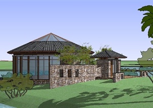 中式风格别墅小岛建筑景观SU(草图大师)模型