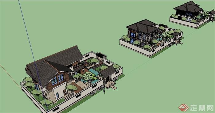 三款东南亚风格庭院别墅建筑设计Su模型(5)