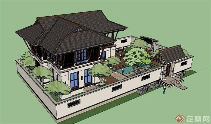 三款东南亚风格庭院别墅建筑设计Su模型(4)