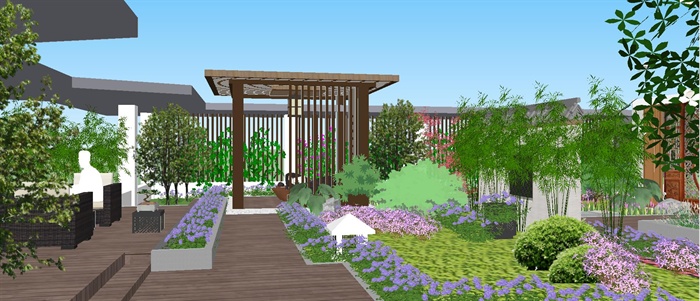 新中式屋顶花园庭院SU精致设计模型(5)