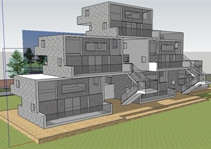 现代方盒子别墅住宅建筑设计SU(草图大师)模型