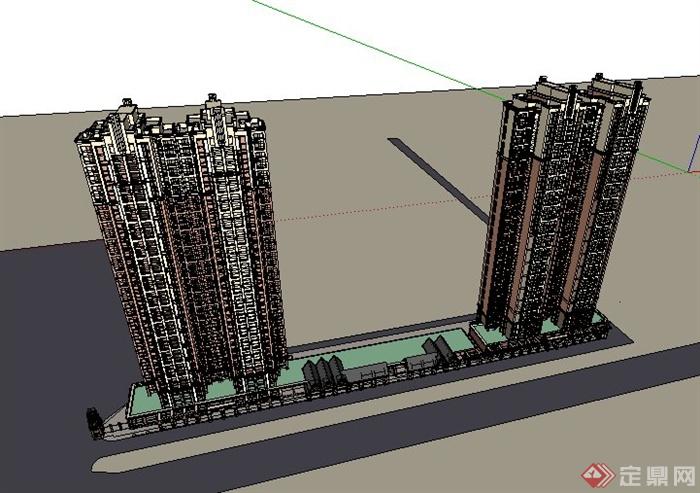 英式+新古典高层住宅及商铺建筑su模型(5)