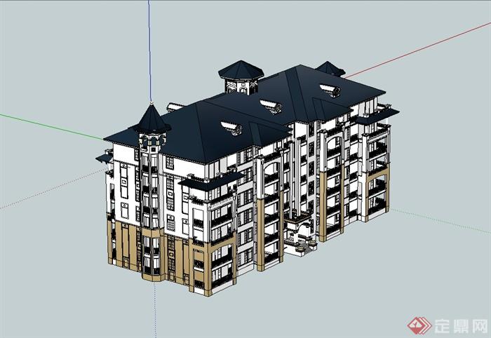 某美式风格详细多层居住楼设计su模型(3)