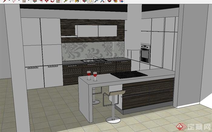 现代风格简单厨房设计su模型(1)