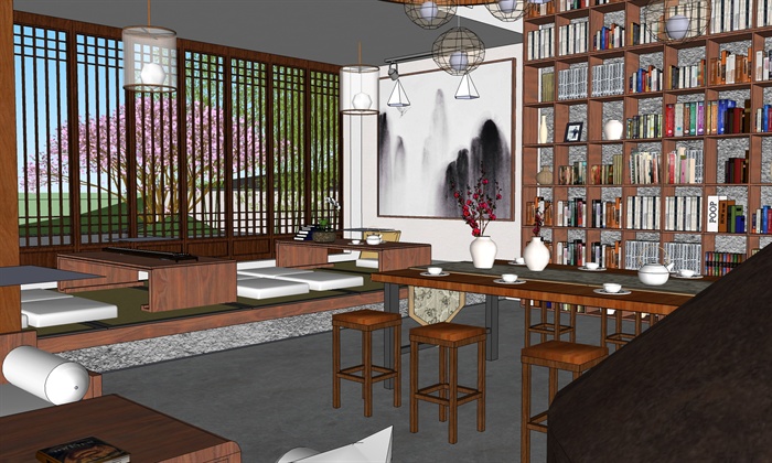 现代中式风格详细精品餐饮室内空间设计su模型