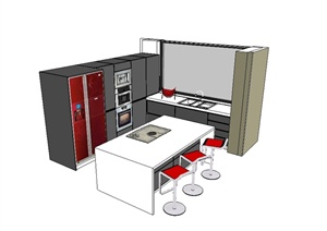 现代开放厨房整体橱柜设计SU(草图大师)模型