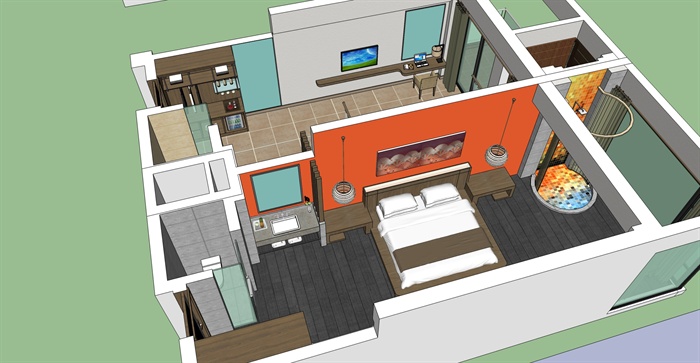 现代风格精品客房小公寓室内设计su模型加渲染效果图