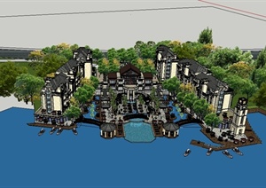 某东南亚风格滨水商业住宅小区建筑设计SU(草图大师)模型