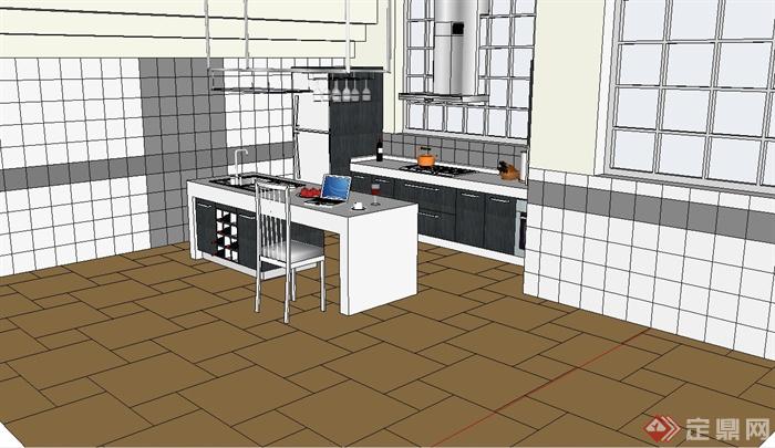 现代住宅厨房空间整体橱柜SU模型(1)