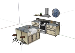 现代开放式厨房整体橱柜设计SU(草图大师)模型