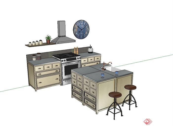 现代开放式厨房整体橱柜设计SU模型(2)