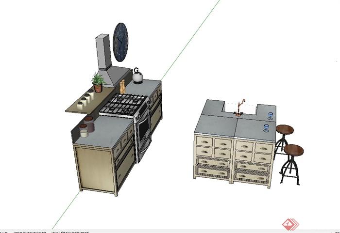 现代开放式厨房整体橱柜设计SU模型(3)