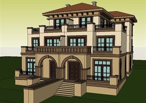 古典风格双拼三层别墅住宅建筑设计SU(草图大师)模型