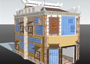 羌族二层民居别墅住宅建筑设计SU(草图大师)模型