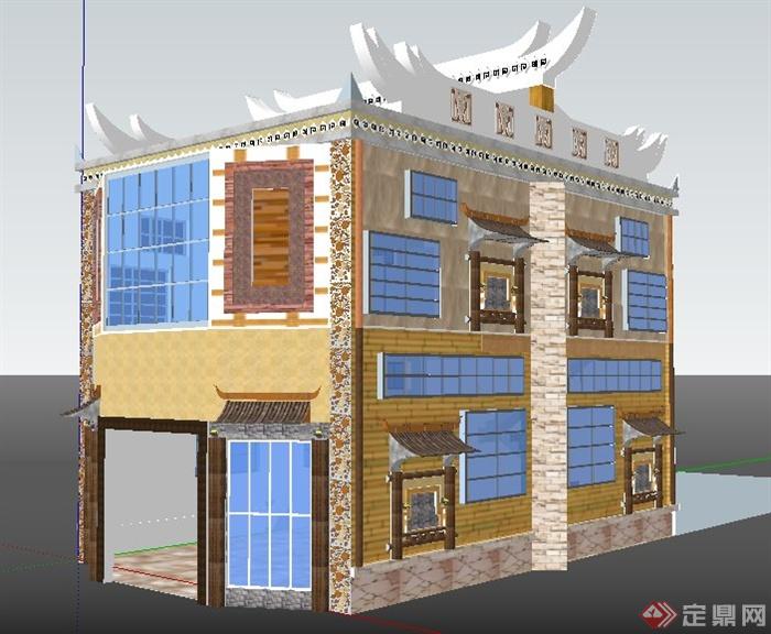 羌族二层民居别墅住宅建筑设计su模型(3)