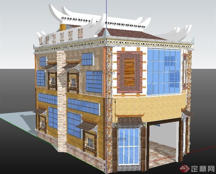 羌族二层民居别墅住宅建筑设计su模型(1)