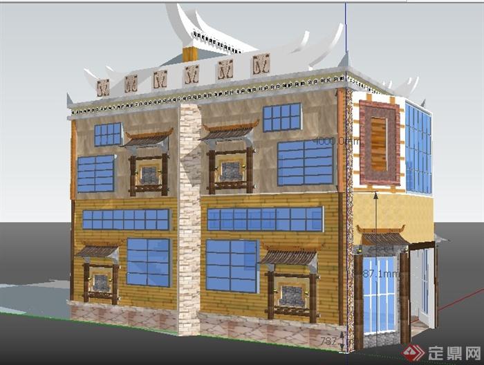 羌族二层民居别墅住宅建筑设计su模型(2)