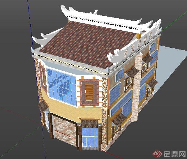 羌族二层民居别墅住宅建筑设计su模型(4)