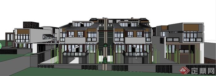 中式风格多层联排别墅建筑设计SketchUp模型(1)