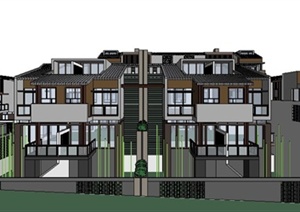 中式风格多层联排别墅建筑设计SketchUp模型