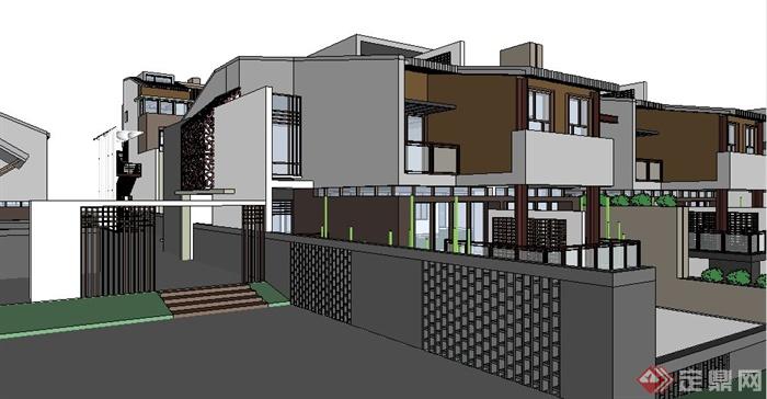 中式风格多层联排别墅建筑设计SketchUp模型(3)