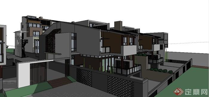 中式风格多层联排别墅建筑设计SketchUp模型(2)