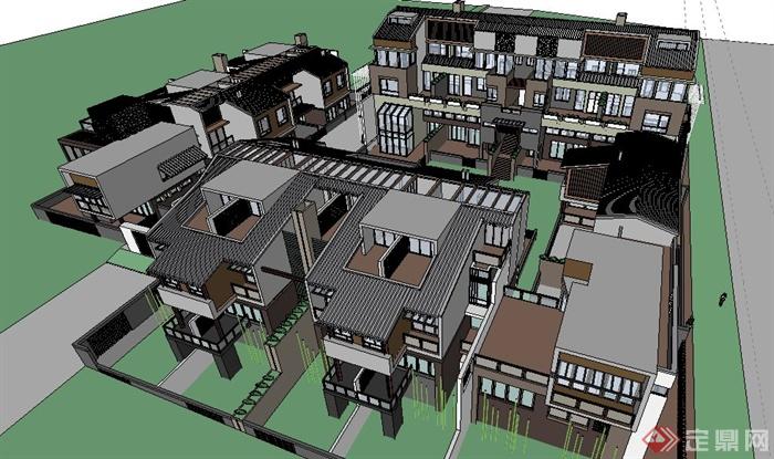 中式风格多层联排别墅建筑设计SketchUp模型(5)