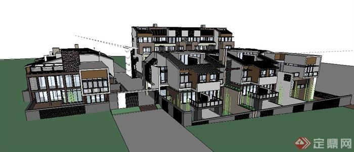 中式风格多层联排别墅建筑设计SketchUp模型(4)