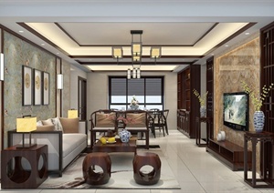 现代精品中式客厅室内空间设计SU(草图大师)模型加效果图