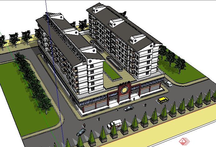 中式风格带底商住宅楼设计su建筑模型(4)