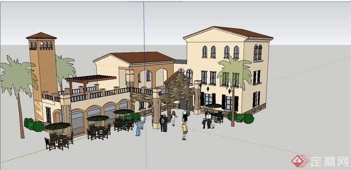 某简约地中海风格休闲会所建筑设计SU模型(1)