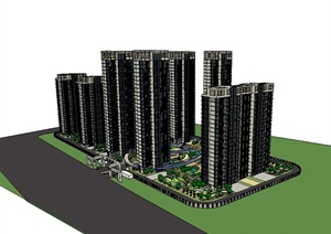 某现代风格高层住宅楼及小区景观设计SU(草图大师)模型