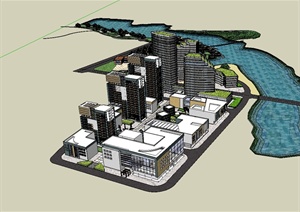 某现代风格详细滨水城市综合建筑设计SU(草图大师)模型