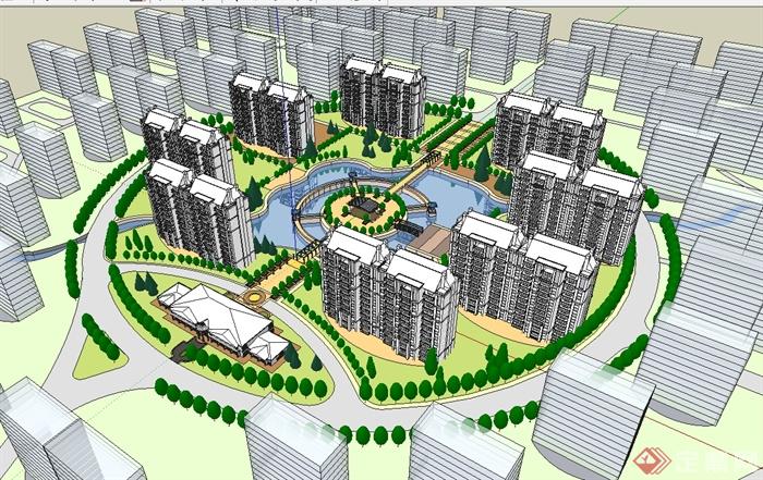 某东南亚风格圆形居住小区规划建筑楼设计su模型(1)