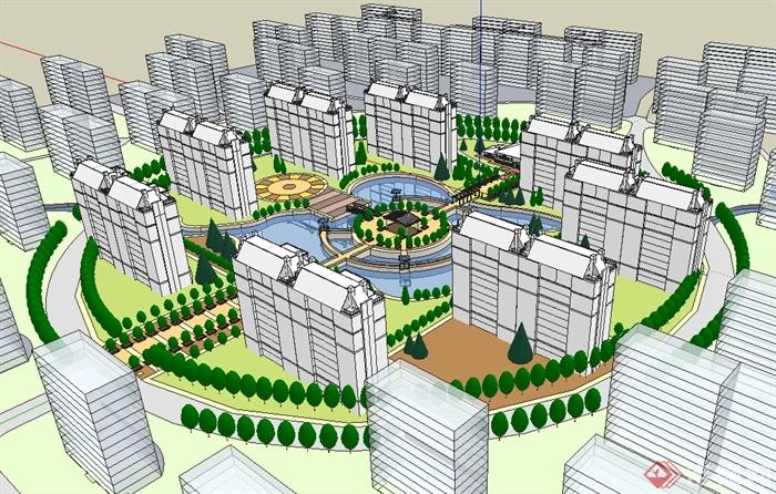 某东南亚风格圆形居住小区规划建筑楼设计su模型(3)