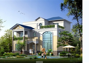 某欧式风格精致独栋别墅建筑设计CAD施工图和JPG效果图