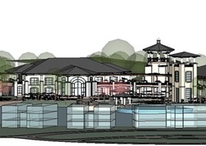 新古典风格滨湖会所建筑设计SU(草图大师)模型