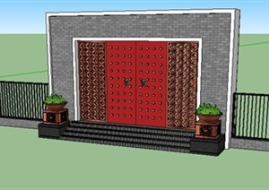 中式大门及铁围墙SU(草图大师)模型