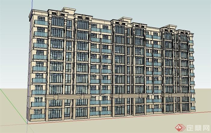 古典风格9层住宅楼建筑设计su模型(3)