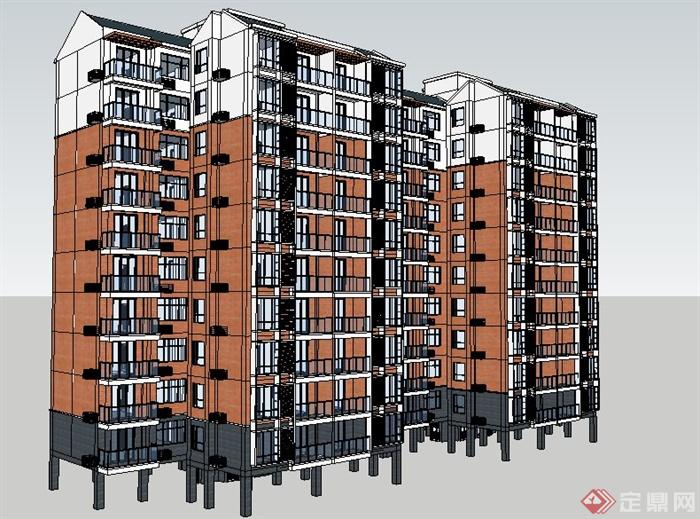 现代风格小高层廉租房住宅建筑设计su模型(1)