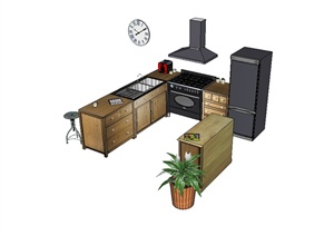 现代风格厨房开放式整体橱柜设计SU(草图大师)模型