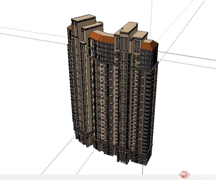 某西班牙风格住宅高层建筑楼设计su模型(1)