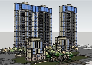 新古典风格高层住宅及双拼别墅建筑景观设计SU(草图大师)模型