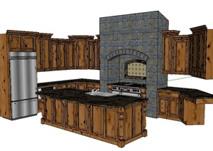 古典风格木质厨房整体橱柜SU(草图大师)模型