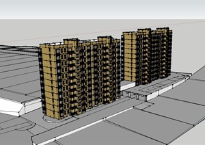 某现代风格多层一梯两户住宅楼建筑设计SU(草图大师)模型